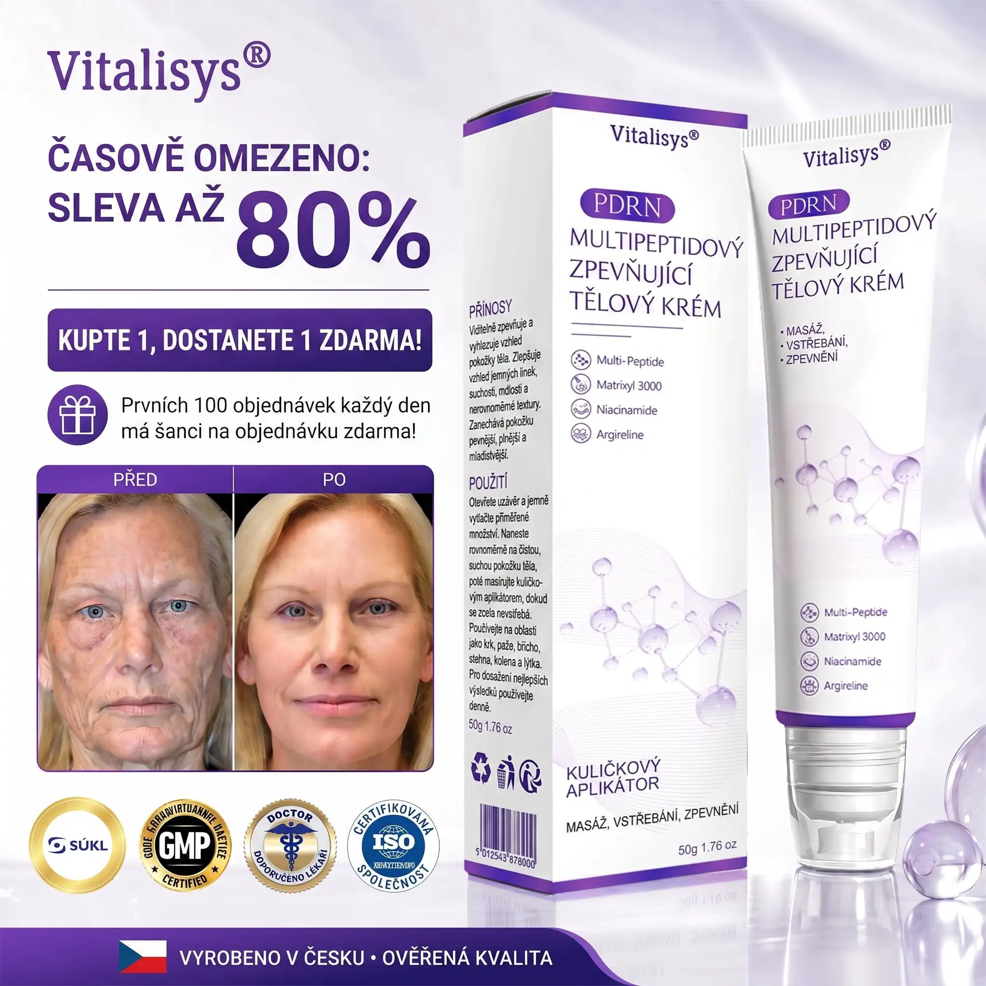 Vitalisys® PDRN Multi-Peptide masážní tělový krém s masážním válečkem