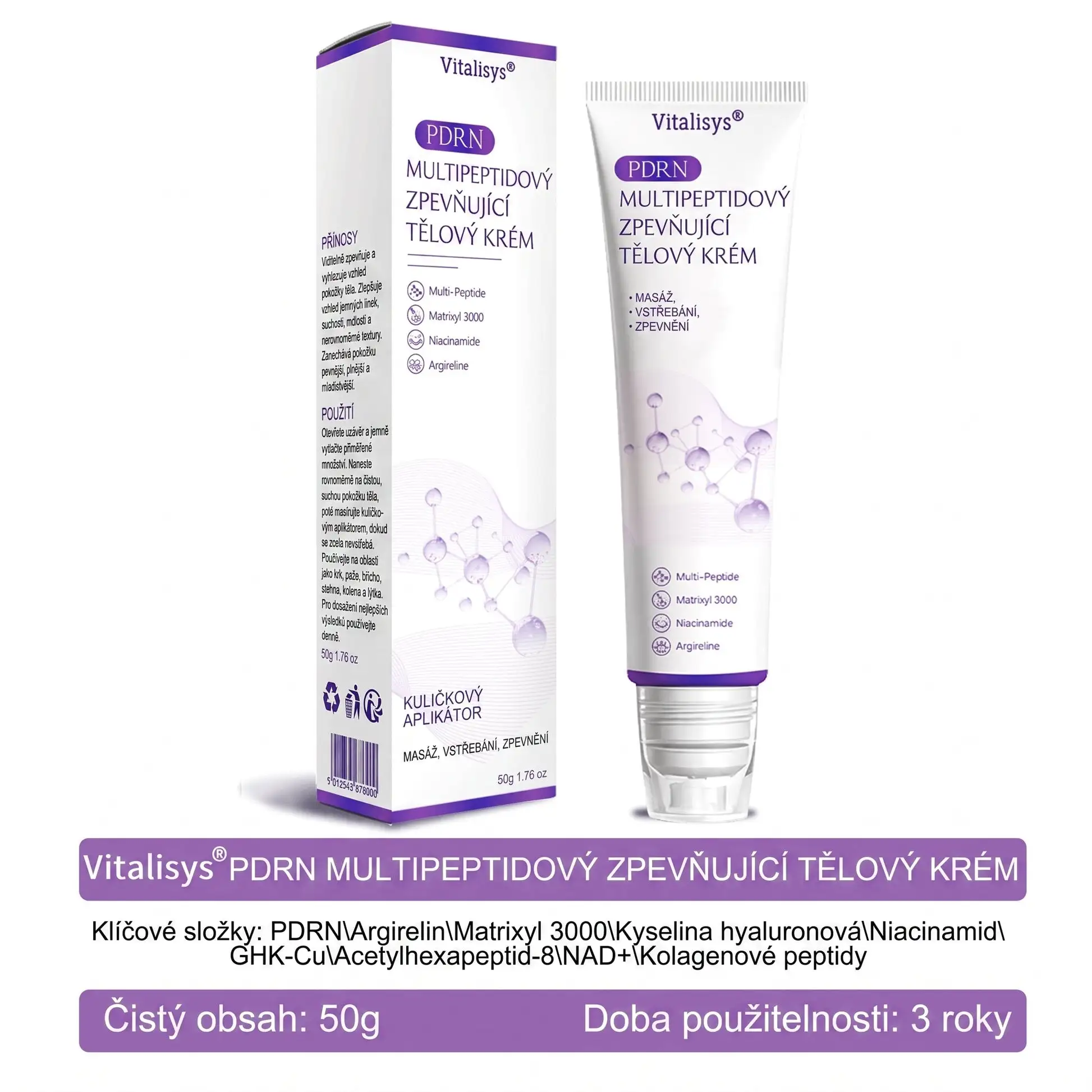 Vitalisys® PDRN Multi-Peptide masážní tělový krém s masážním válečkem